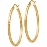 14K Yellow Gold Satin and Diamond-Cut 2mm Round Tube Hoop Earrings - 35mm Length by 0