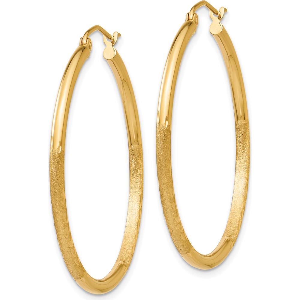 14K Yellow Gold Satin and Diamond-Cut 2mm Round Tube Hoop Earrings - 35mm Length by 0