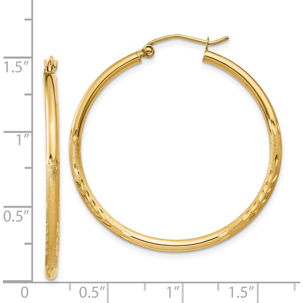 14K Yellow Gold Satin and Diamond-Cut 2mm Round Tube Hoop Earrings - 35mm Length by 0