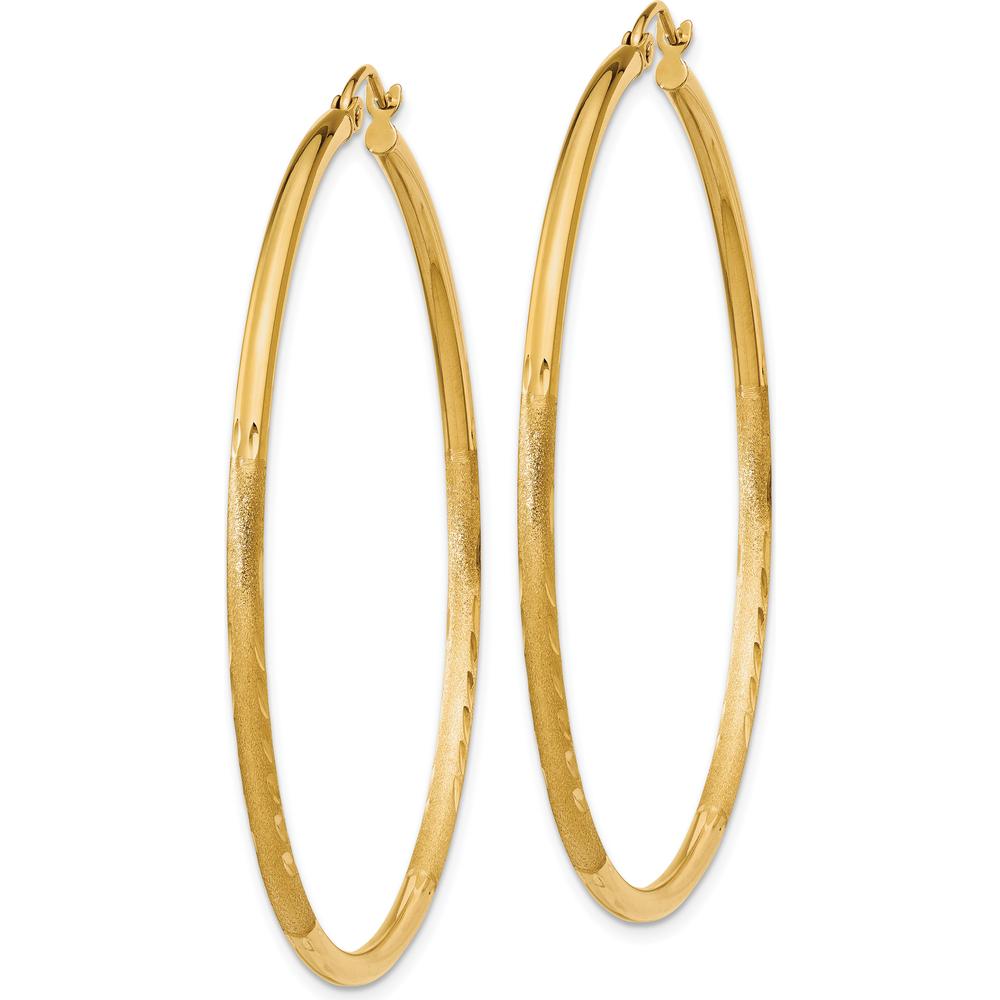 14K Yellow Gold Satin and Diamond-Cut 2mm Round Tube Hoop Earrings - 50mm Length by 0