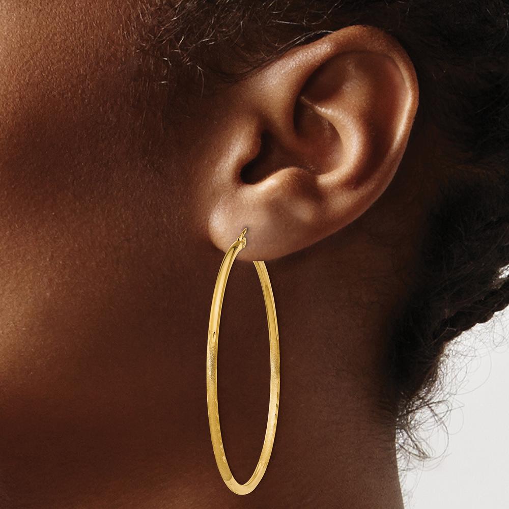 14K Yellow Gold Satin and Diamond-Cut 2mm Round Tube Hoop Earrings - 50mm Length by 0