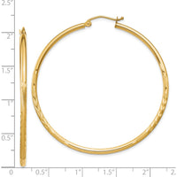 14K Yellow Gold Satin and Diamond-Cut 2mm Round Tube Hoop Earrings - 50mm Length by 0