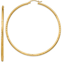 14K Yellow Gold Satin and Diamond-Cut 2mm Round Tube Hoop Earrings - 60mm Length by 0