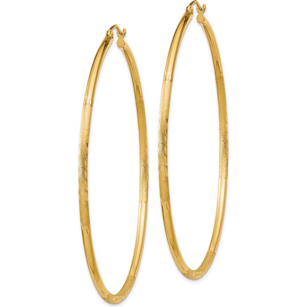 14K Yellow Gold Satin and Diamond-Cut 2mm Round Tube Hoop Earrings - 60mm Length by 0