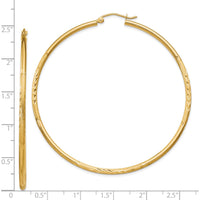 14K Yellow Gold Satin and Diamond-Cut 2mm Round Tube Hoop Earrings - 60mm Length by 0