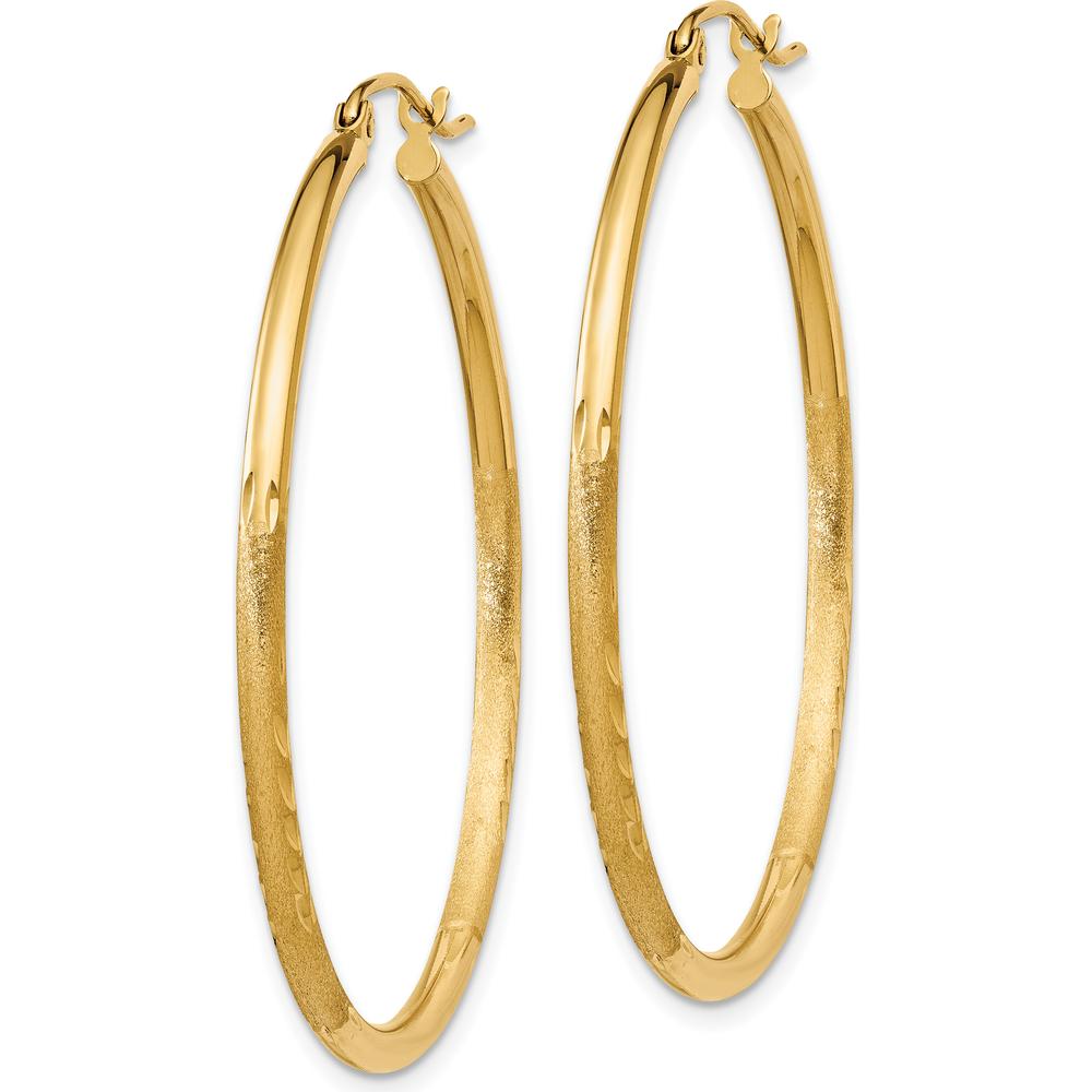 14K Yellow Gold Satin and Diamond-Cut 2mm Round Tube Large Hoop Earrings - 40mm Length by 0