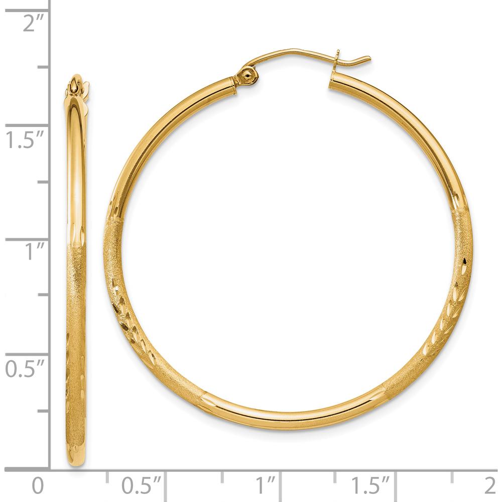 14K Yellow Gold Satin and Diamond-Cut 2mm Round Tube Large Hoop Earrings - 40mm Length by 0