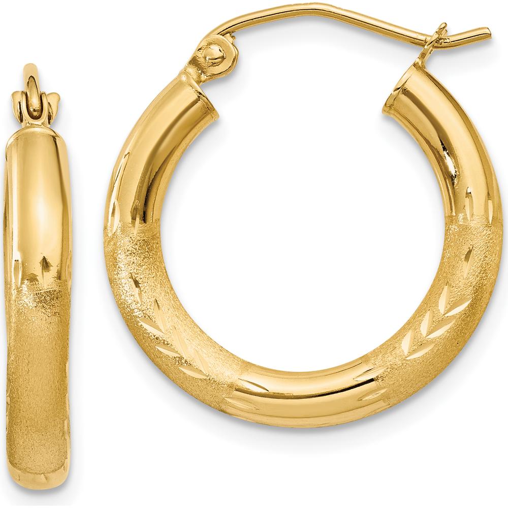 14K Yellow Gold Satin and Diamond-Cut 3mm Round Hoop Earrings - 20mm Length by 0