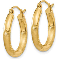 14K Yellow Gold Satin and Diamond-Cut 3mm Round Hoop Earrings - 20mm Length by 0