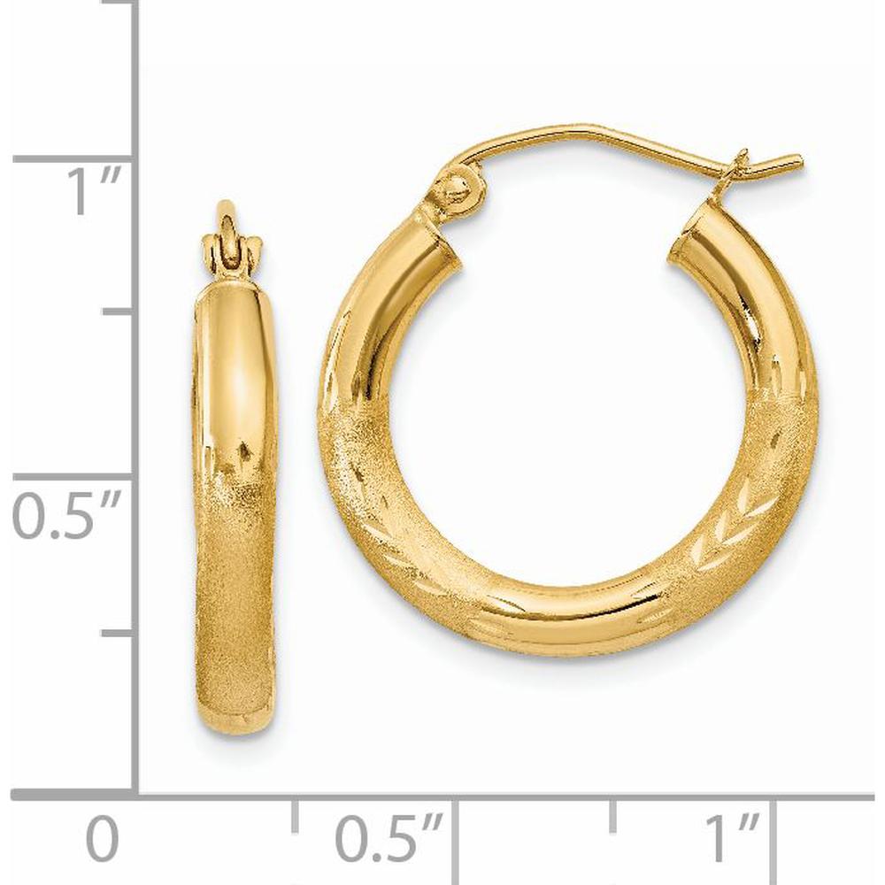 14K Yellow Gold Satin and Diamond-Cut 3mm Round Hoop Earrings - 20mm Length by 0