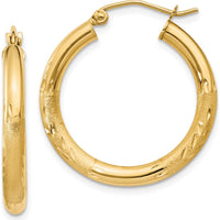 14K Yellow Gold Satin and Diamond-Cut 3mm Round Hoop Earrings - 25mm Length by 0