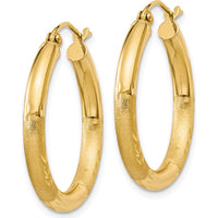 14K Yellow Gold Satin and Diamond-Cut 3mm Round Hoop Earrings - 25mm Length by 0