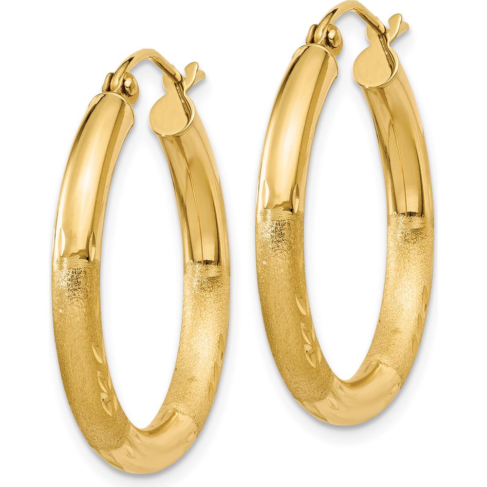 14K Yellow Gold Satin and Diamond-Cut 3mm Round Hoop Earrings - 25mm Length by 0
