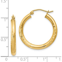 14K Yellow Gold Satin and Diamond-Cut 3mm Round Hoop Earrings - 25mm Length by 0
