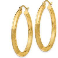 14K Yellow Gold Satin and Diamond-Cut 3mm Round Hoop Earrings - 30mm Length by 0