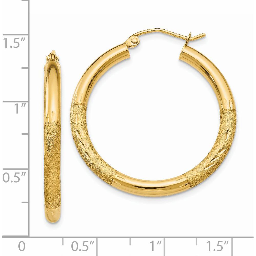 14K Yellow Gold Satin and Diamond-Cut 3mm Round Hoop Earrings - 30mm Length by 0