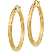 14K Yellow Gold Satin and Diamond-Cut 3mm Round Hoop Earrings - 35mm Length by 0