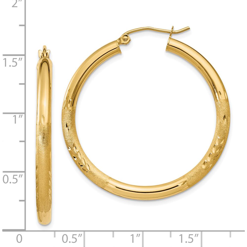 14K Yellow Gold Satin and Diamond-Cut 3mm Round Hoop Earrings - 35mm Length by 0