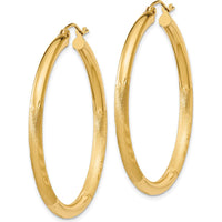 14K Yellow Gold Satin and Diamond-Cut 3mm Round Hoop Earrings - 40mm Length by 0