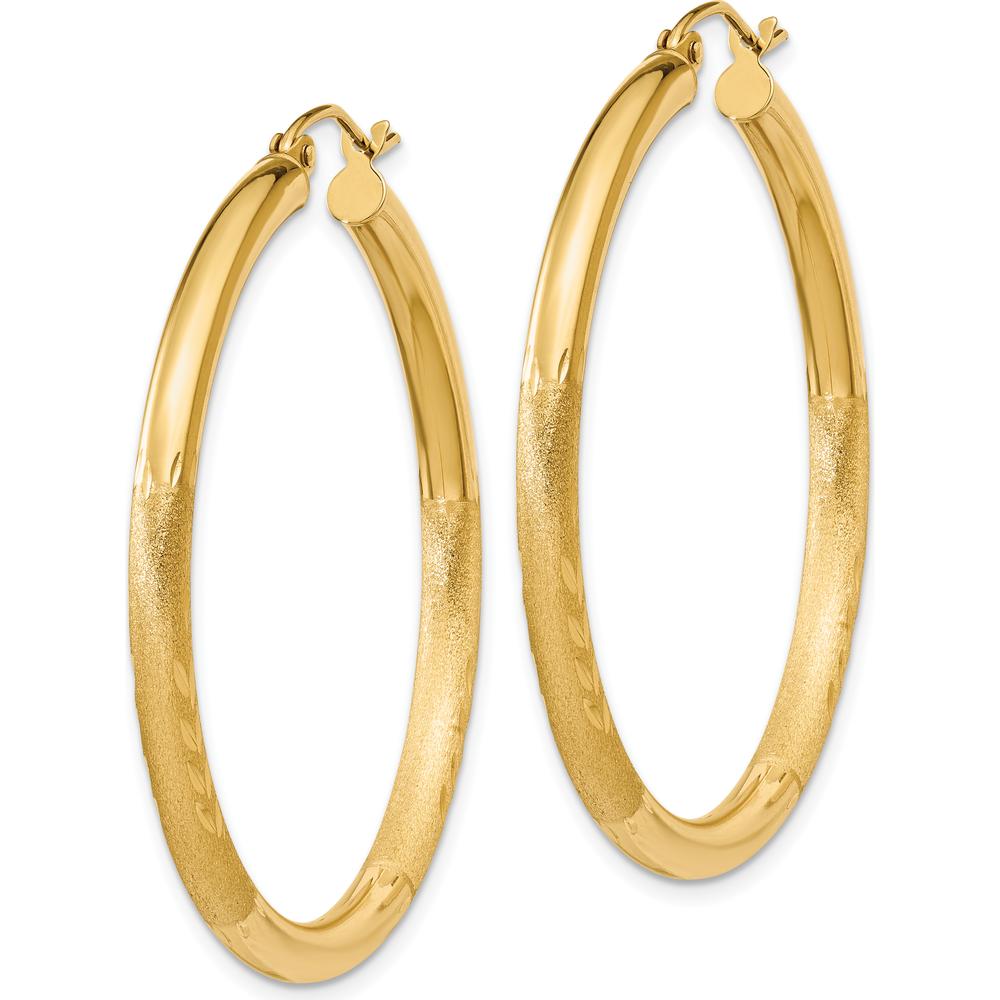 14K Yellow Gold Satin and Diamond-Cut 3mm Round Hoop Earrings - 40mm Length by 0