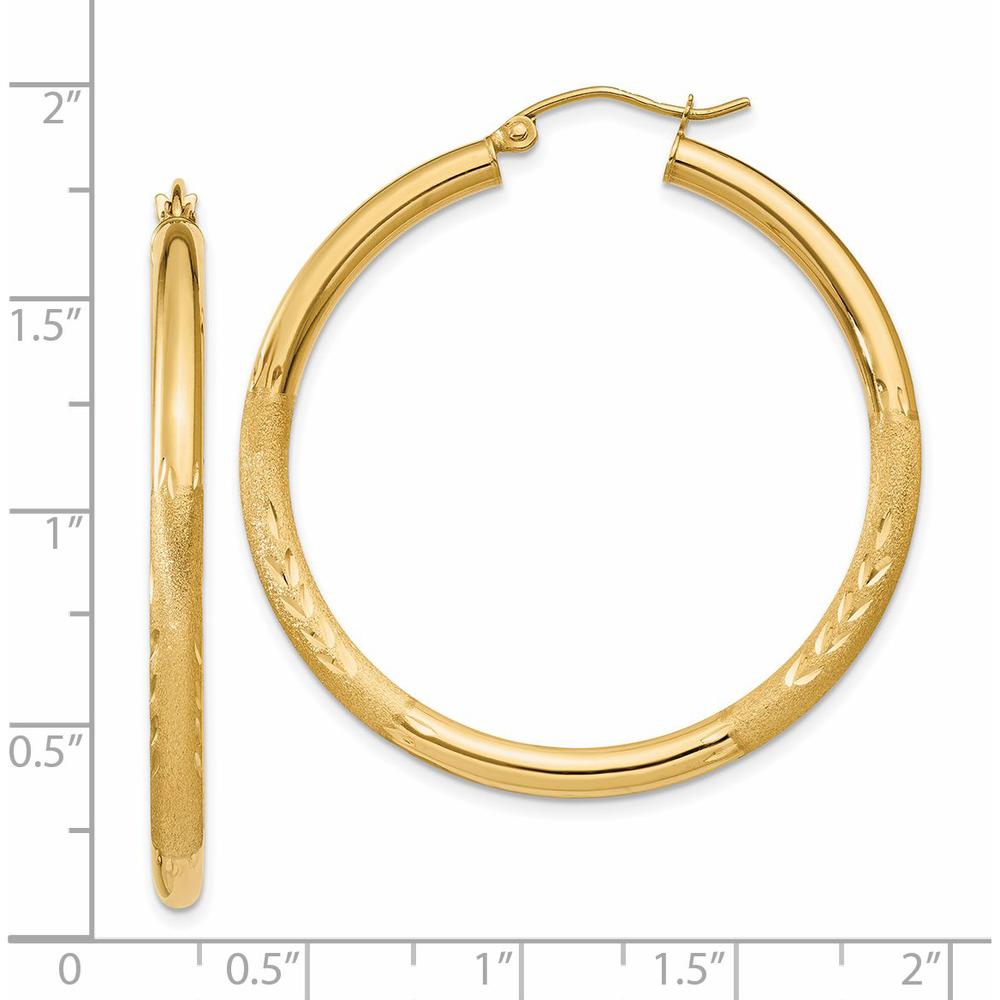 14K Yellow Gold Satin and Diamond-Cut 3mm Round Hoop Earrings - 40mm Length by 0