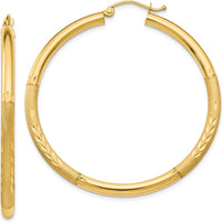 14K Yellow Gold Satin and Diamond-Cut 3mm Round Hoop Earrings - 45mm Length by 0