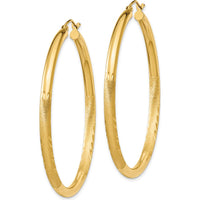 14K Yellow Gold Satin and Diamond-Cut 3mm Round Hoop Earrings - 50mm Length by 0