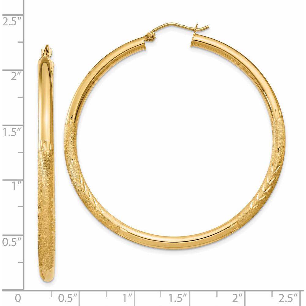 14K Yellow Gold Satin and Diamond-Cut 3mm Round Hoop Earrings - 50mm Length by 0