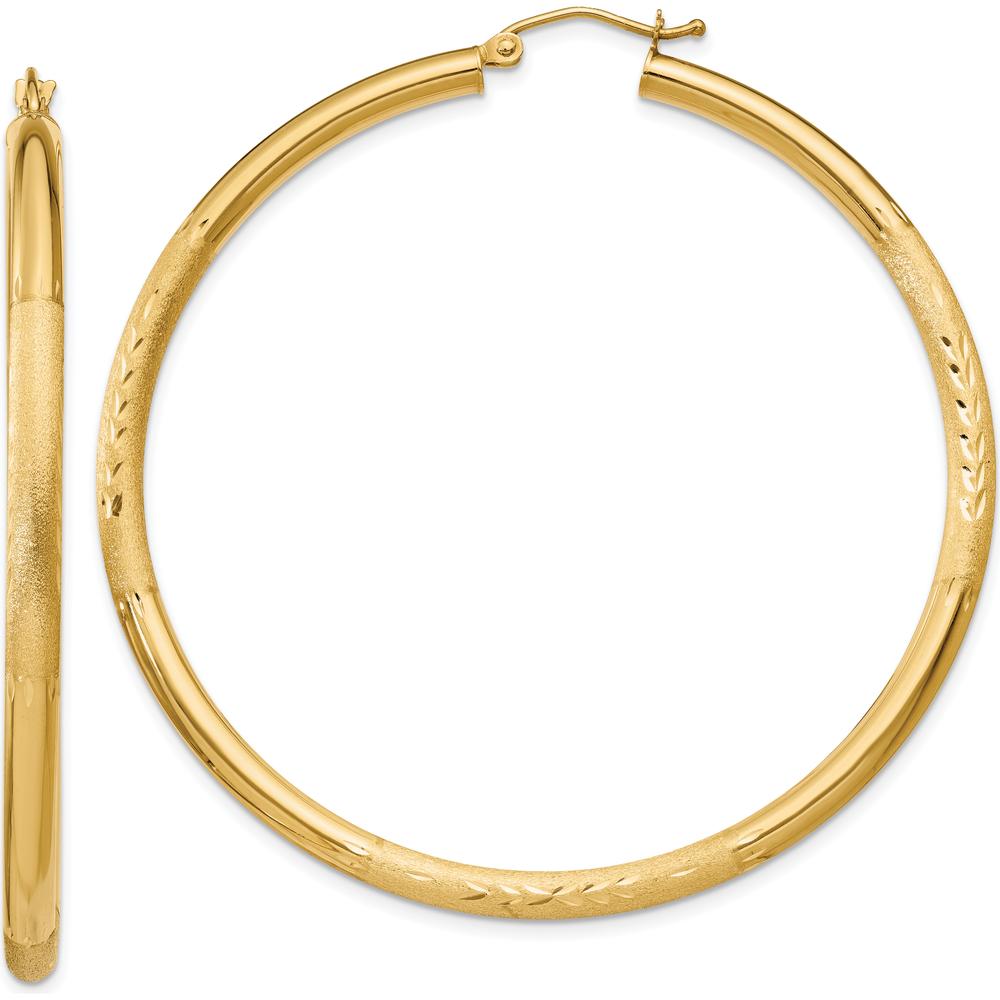 14K Yellow Gold Satin and Diamond-Cut 3mm Round Hoop Earrings - 55mm Length by 0