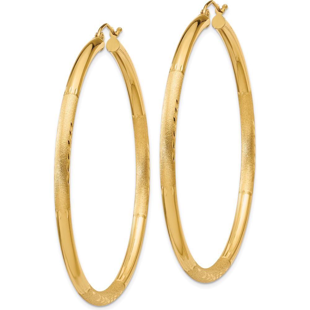 14K Yellow Gold Satin and Diamond-Cut 3mm Round Hoop Earrings - 55mm Length by 0