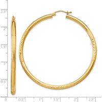 14K Yellow Gold Satin and Diamond-Cut 3mm Round Hoop Earrings - 55mm Length by 0