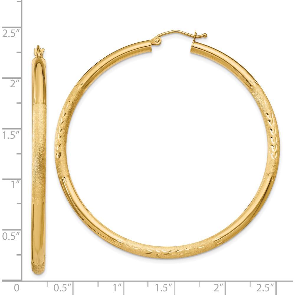 14K Yellow Gold Satin and Diamond-Cut 3mm Round Hoop Earrings - 55mm Length by 0