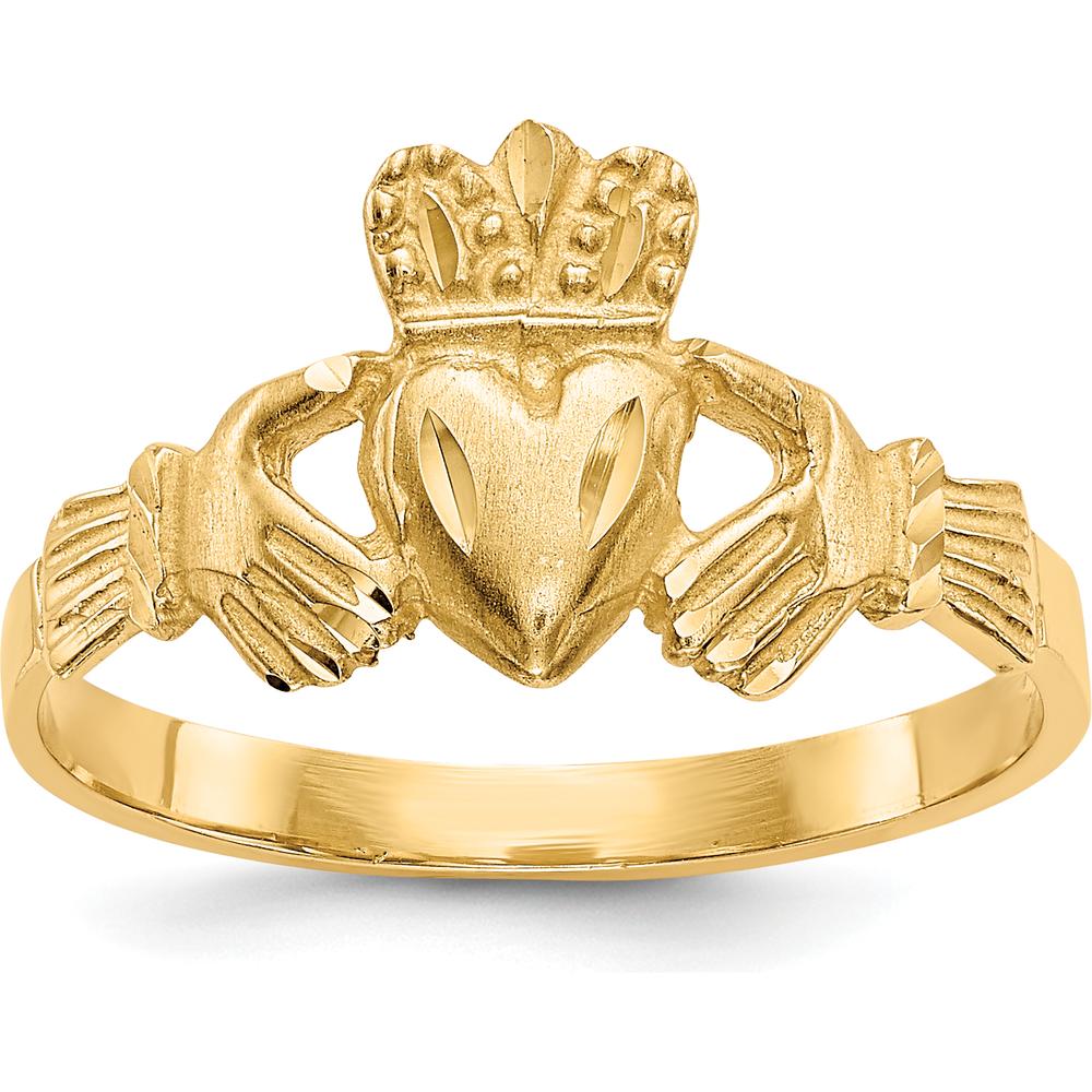 14K Yellow Gold Satin and Diamond-Cut Claddagh Ring by Oro Pregiato