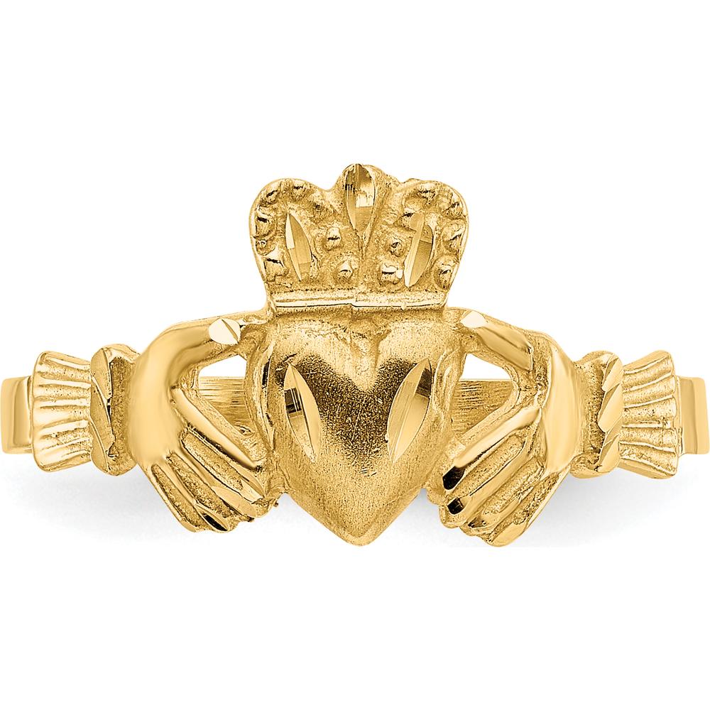 14K Yellow Gold Satin and Diamond-Cut Claddagh Ring by Oro Pregiato
