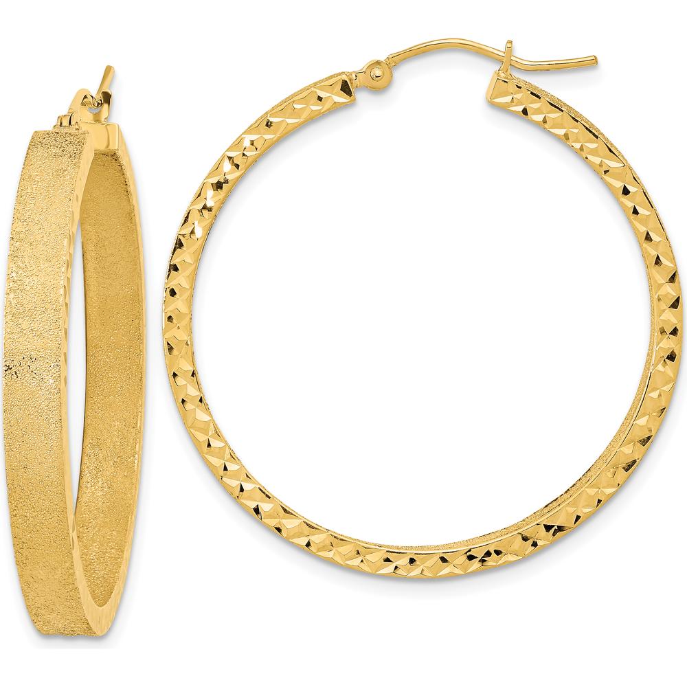14K Yellow Gold Satin and Diamond-Cut Hoop Earrings - 35.97mm by 0