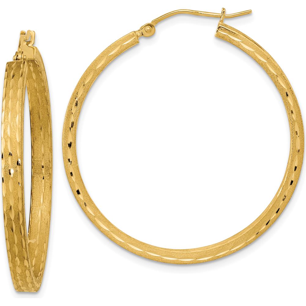 14K Yellow Gold Satin and Diamond-cut Hoop Earrings - 37.54mm Length by 0