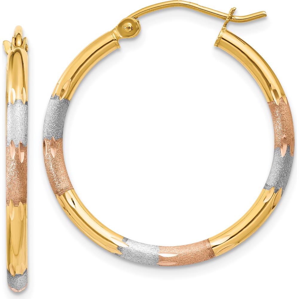 14K Yellow Gold Satin and Diamond-Cut Hoop Earrings with White and Rose Rhodium Accents - 22mm Length by 0