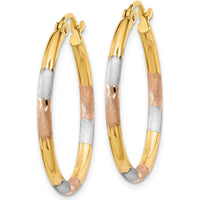 14K Yellow Gold Satin and Diamond-Cut Hoop Earrings with White and Rose Rhodium Accents - 22mm Length by 0