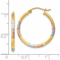 14K Yellow Gold Satin and Diamond-Cut Hoop Earrings with White and Rose Rhodium Accents - 22mm Length by 0