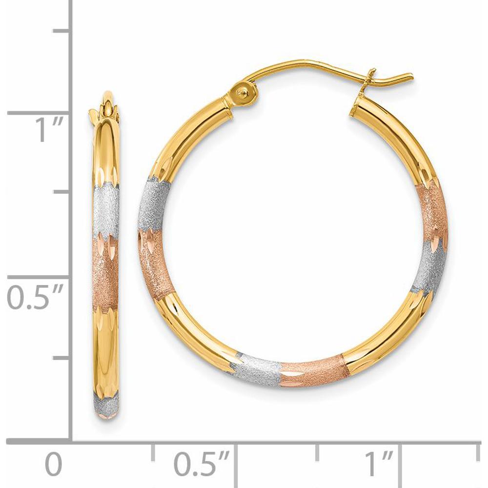 14K Yellow Gold Satin and Diamond-Cut Hoop Earrings with White and Rose Rhodium Accents - 22mm Length by 0