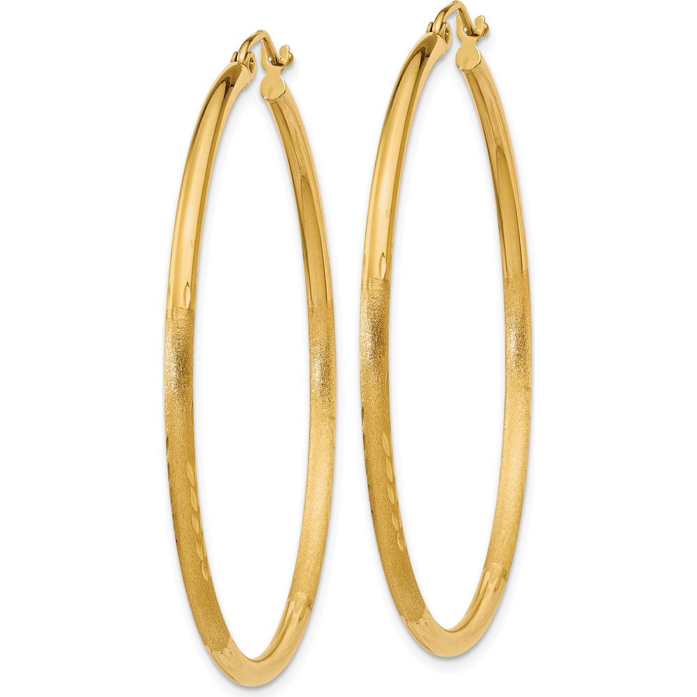14K Yellow Gold Satin and Diamond-cut Large Hoop Earrings - 2mm Thickness, 45mm Length by 0