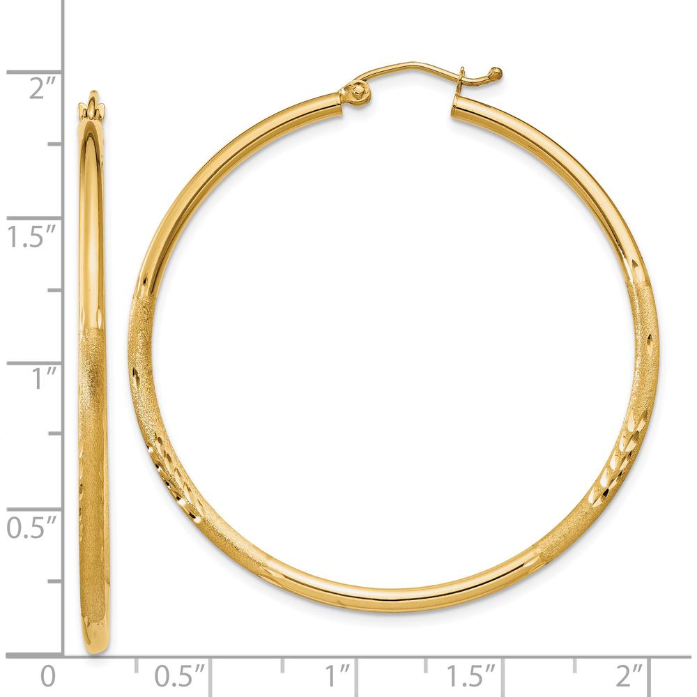 14K Yellow Gold Satin and Diamond-cut Large Hoop Earrings - 2mm Thickness, 45mm Length by 0