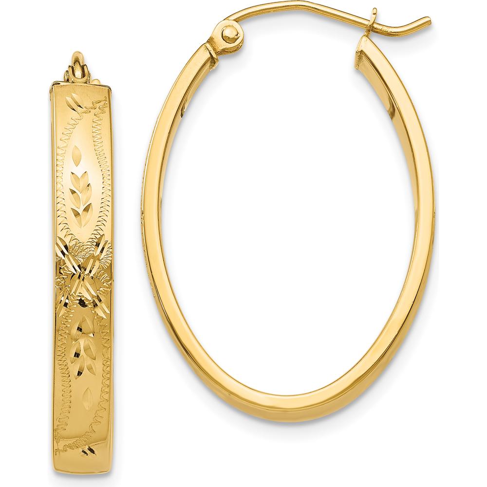 14K Yellow Gold Satin and Diamond-Cut Oval Hoop Earrings - 19mm by Oro Pregiato