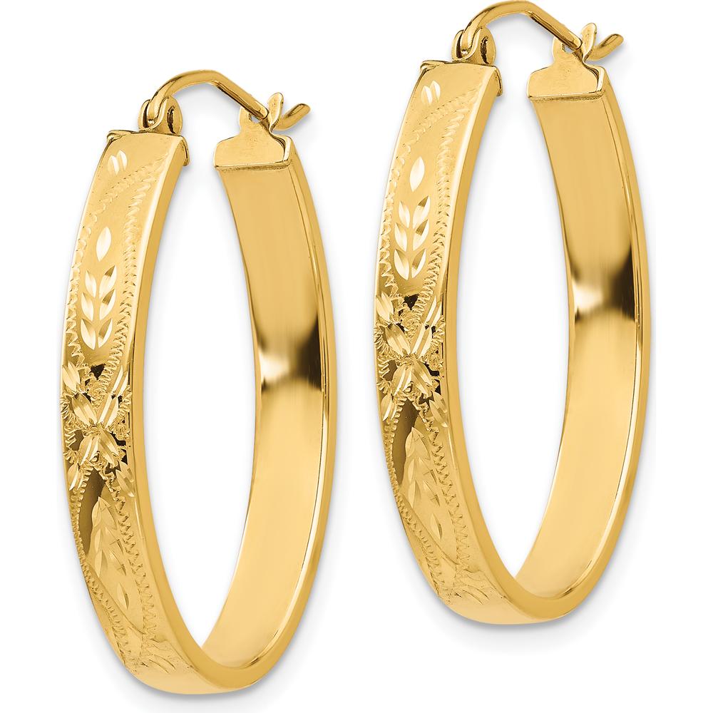 14K Yellow Gold Satin and Diamond-Cut Oval Hoop Earrings - 19mm by Oro Pregiato