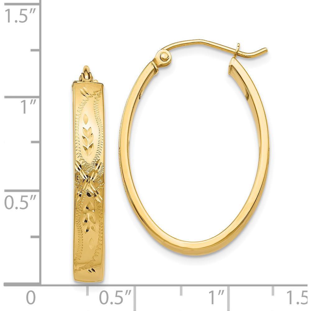 14K Yellow Gold Satin and Diamond-Cut Oval Hoop Earrings - 19mm by Oro Pregiato