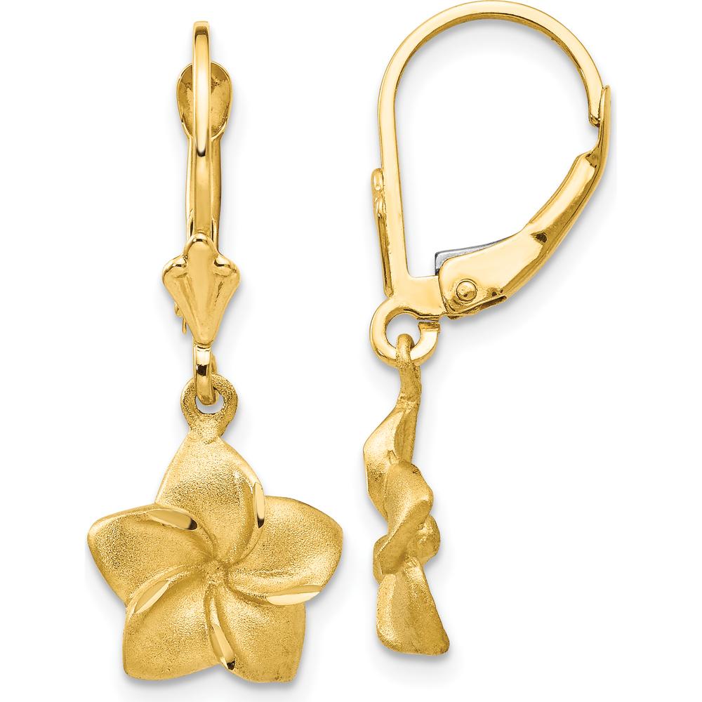 14K Yellow Gold Satin & Diamond-Cut Plumeria Dangle Leverback Earrings - 29mm Length by Oro Pregiato