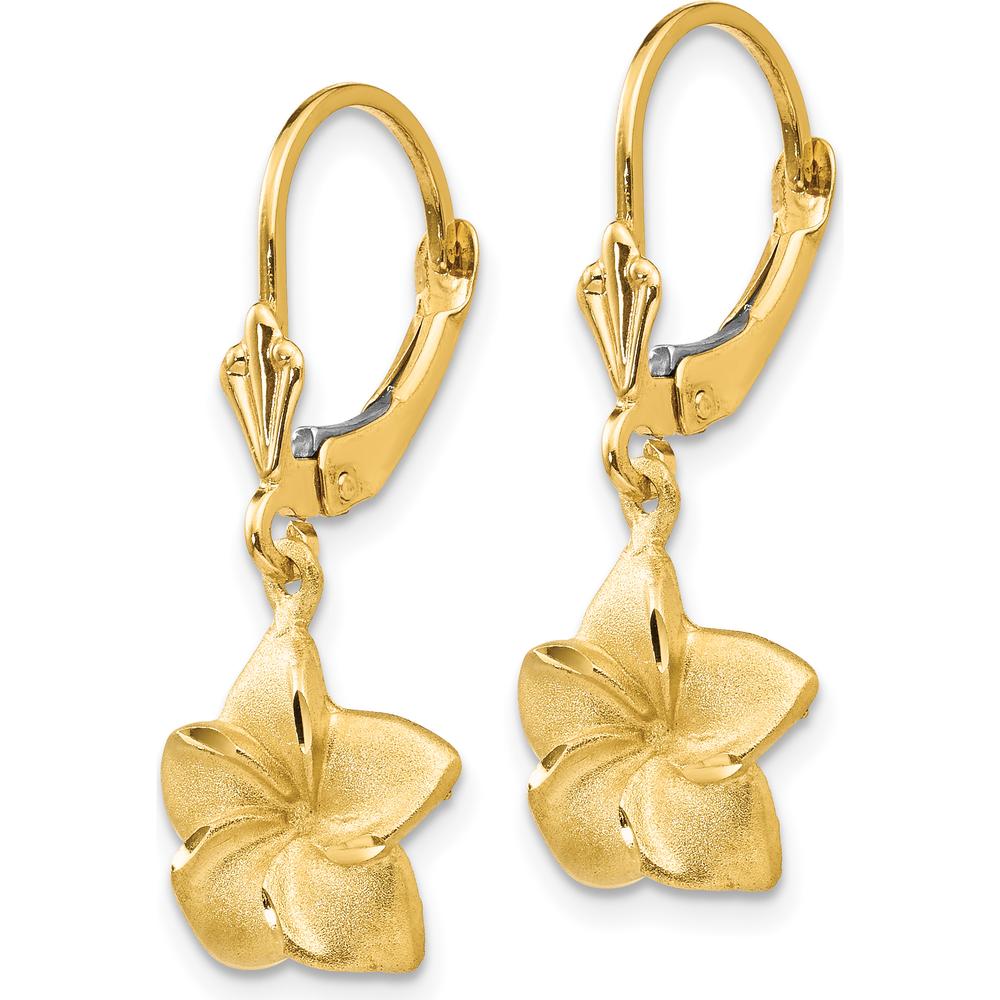 14K Yellow Gold Satin & Diamond-Cut Plumeria Dangle Leverback Earrings - 29mm Length by Oro Pregiato