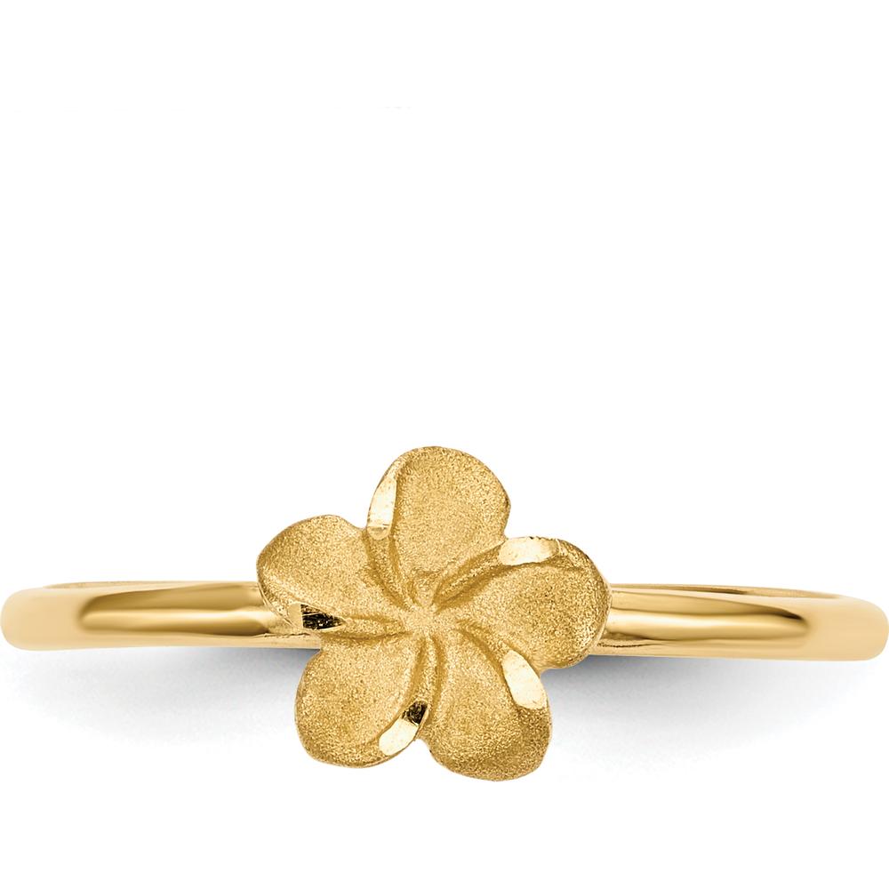 14K Yellow Gold Satin & Diamond-Cut Plumeria Ring - 7.7mm Top Width, 1.5mm Band Width by 0
