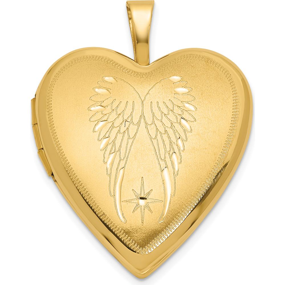 14K Yellow Gold Satin and Polished Angel Wings Heart Locket Pendant with Photo Compartments by Oro Pregiato
