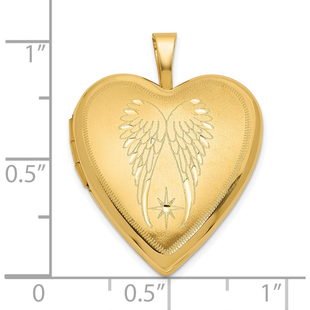 14K Yellow Gold Satin and Polished Angel Wings Heart Locket Pendant with Photo Compartments by Oro Pregiato
